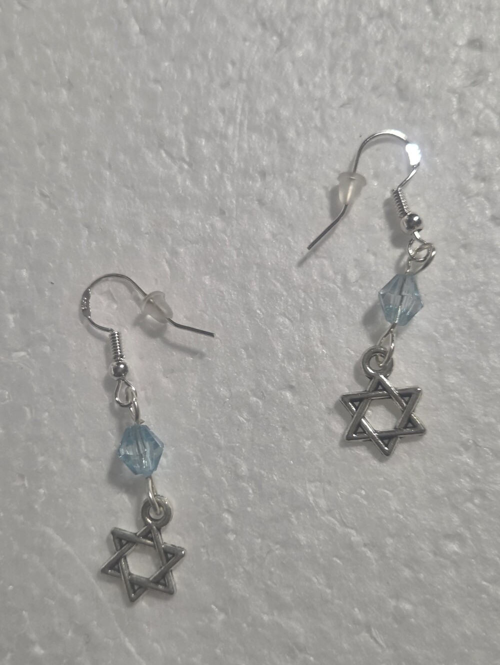 Handcrafted Silver Star of David Drop Earrings with Light Blue Crystal